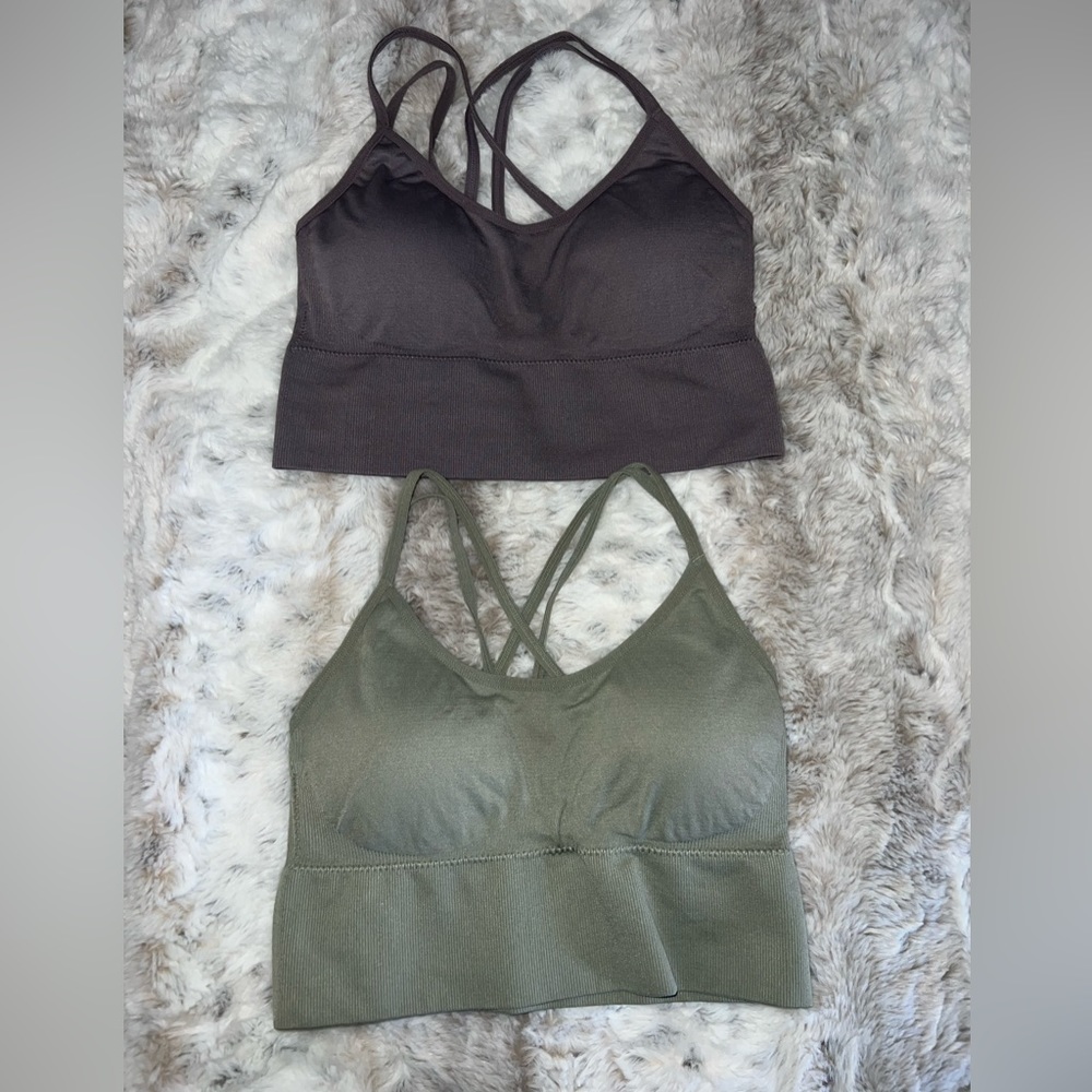 Sports bras, lavender and olive green, size small